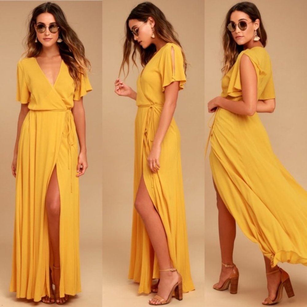 Lulus Much Obliged Golden Yellow Wrap Maxi Dress